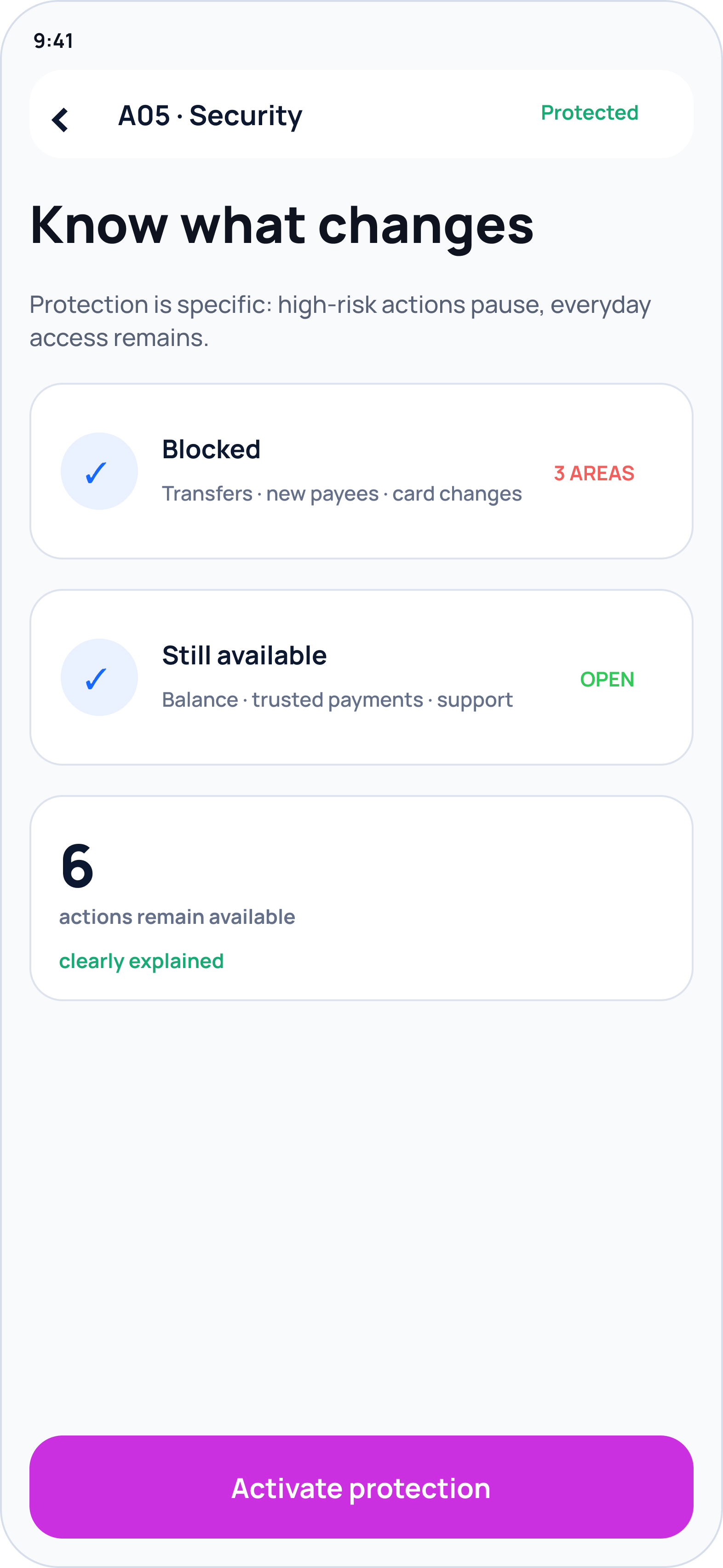 Protection impact summary screen