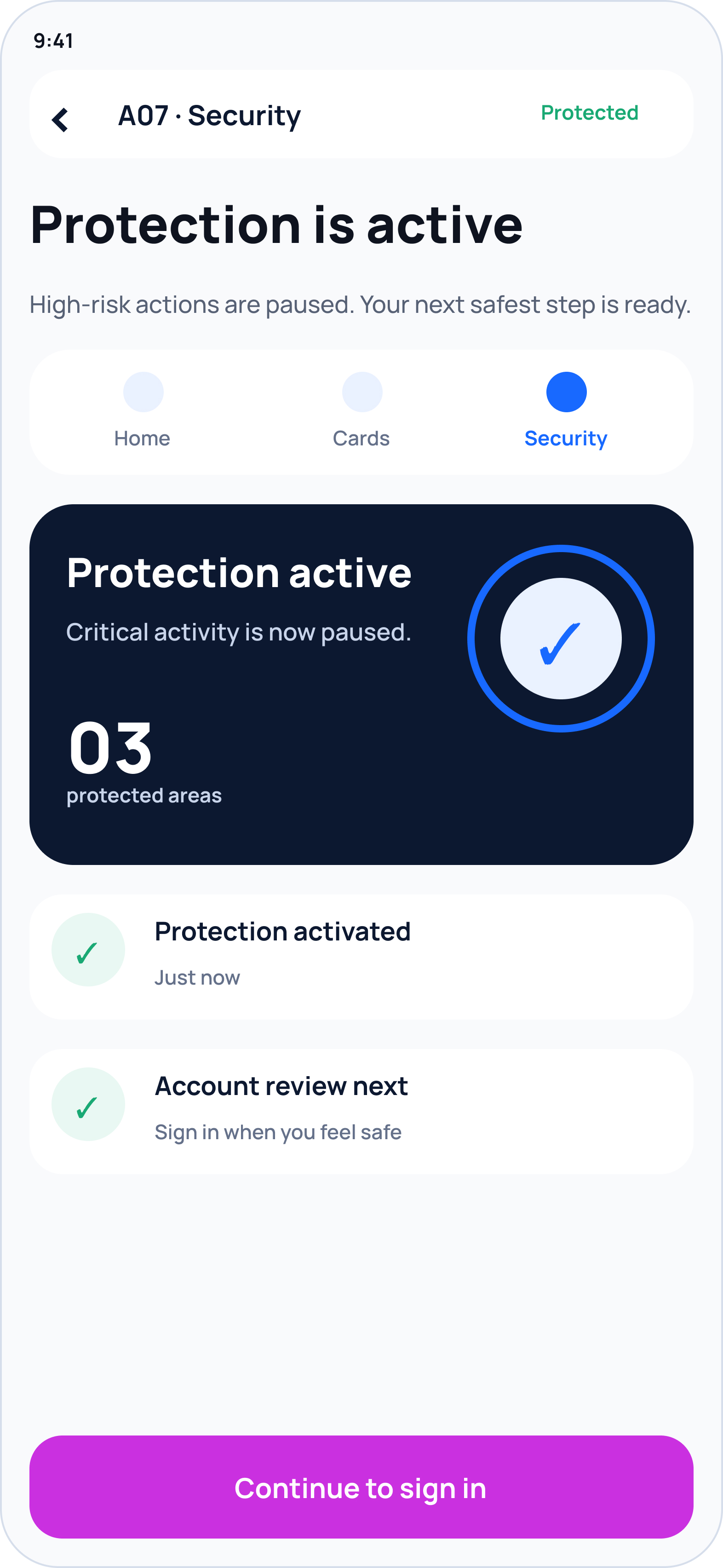 Protection active confirmation screen