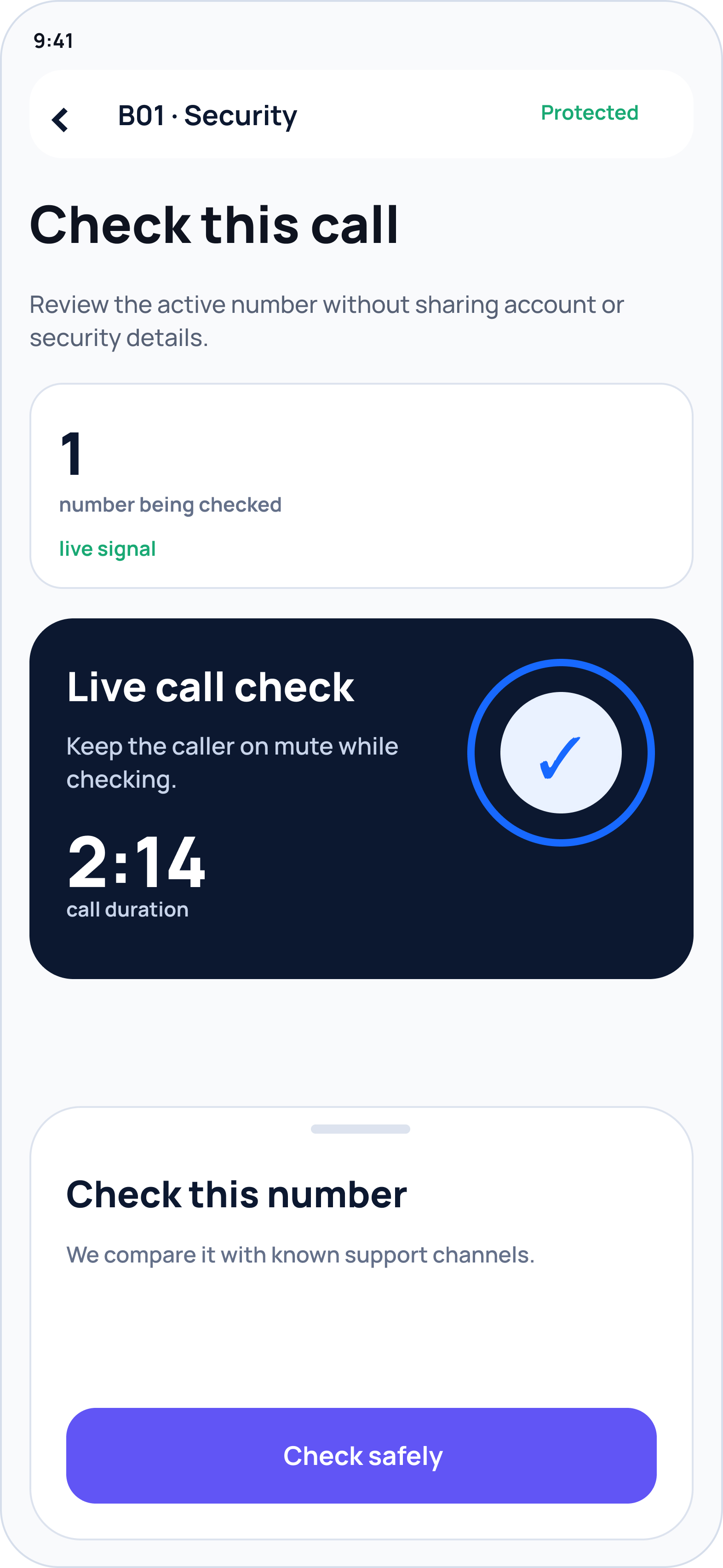 Live call verification screen