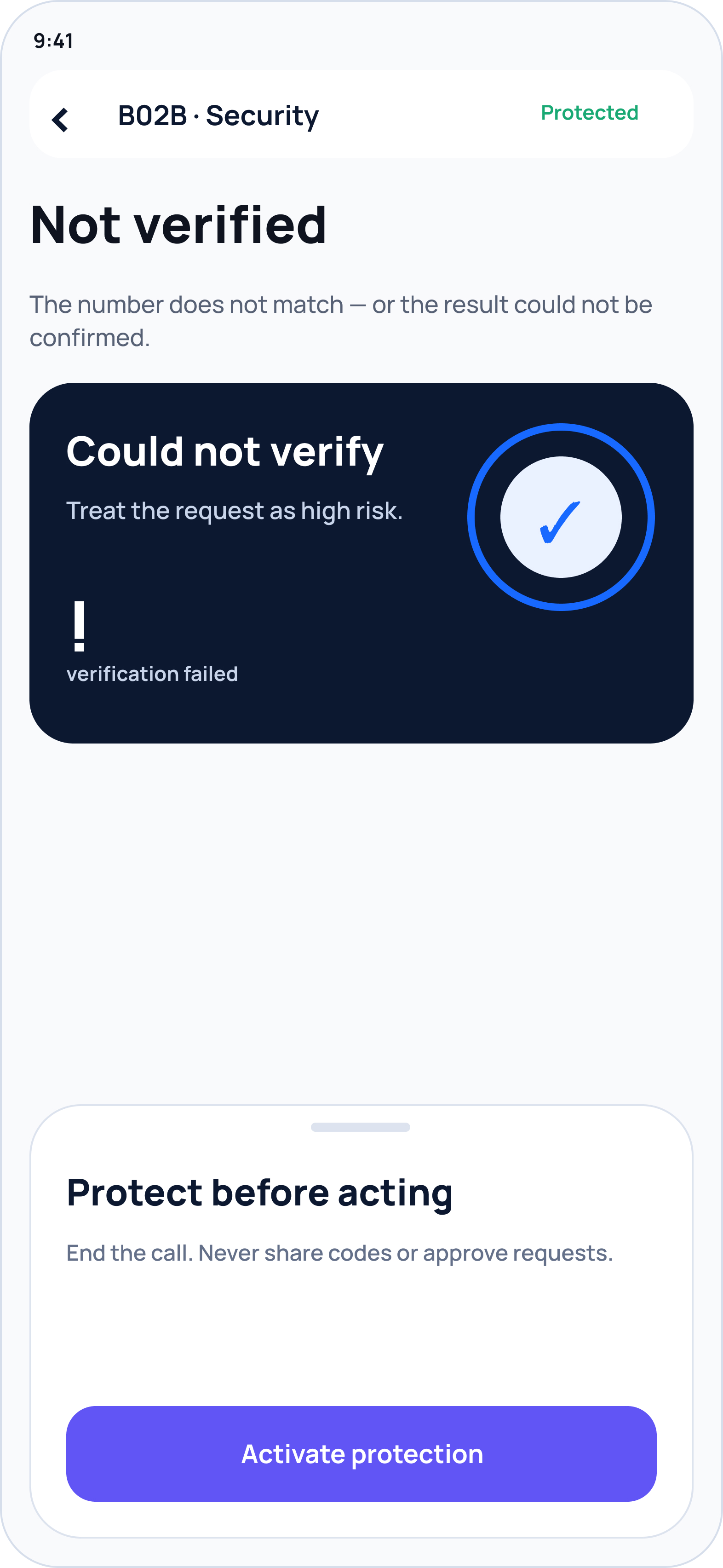 Unverified call warning screen