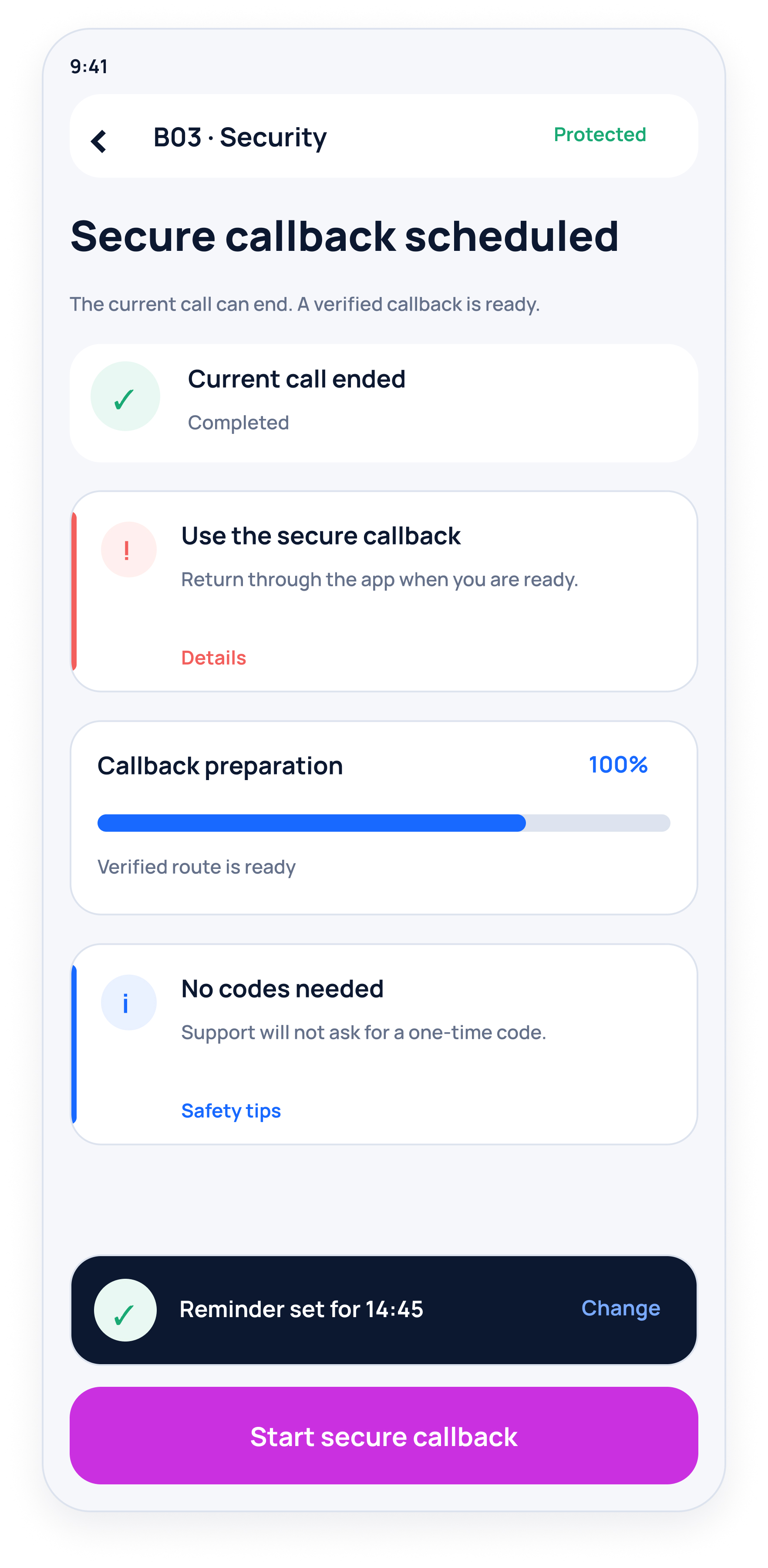 Secure callback scheduled screen